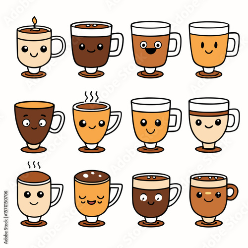 Adorable coffee cups with happy faces drinks beverages