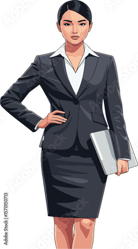 Professional asian businesswoman posing confidently with a laptop and a modern suit