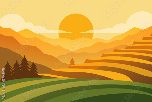 Golden Hour Over Rice Terraces in a Misty Valley