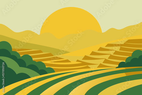 Golden Hour Over Rice Terraces in a Misty Valley