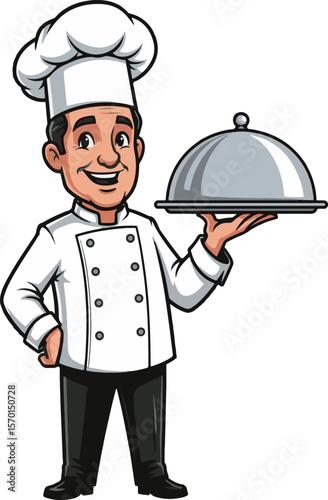 Friendly cartoon chef holding a covered serving platter ready to serve delicious food