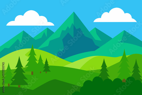 Green Summer Mountain Landscape with Trees Hills