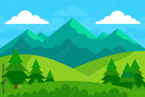 Green Summer Mountain Landscape with Trees Hills