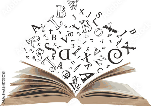 Open book with floating letters illustrating the concept of learning and education