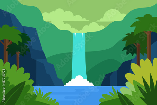 Illustration of a Waterfall in Jungle in Long Time