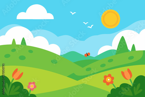 Landscape Drawing of a Sunny Summer Valley with Flowers