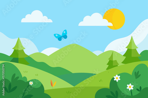 Landscape Drawing of a Sunny Summer Valley with Flowers