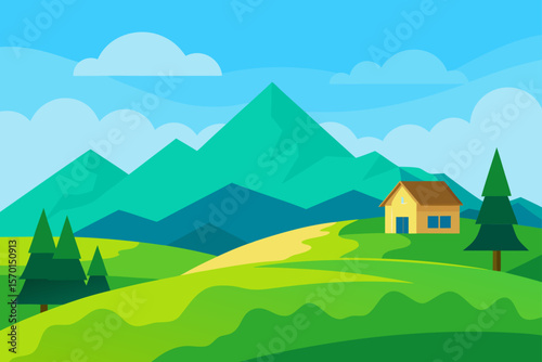 Lush Green Mountain Landscape with a House under a Sunset