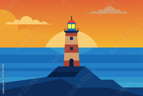Lighthouse Overlooking a Calm Ocean at Golden Hour