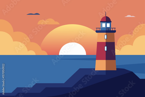Lighthouse Overlooking a Calm Ocean at Golden Hour