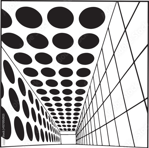 Abstract black and white architectural perspective with circular patterns and grid elements