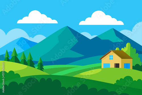 Lush Green Mountain Landscape with a House under a Sunset