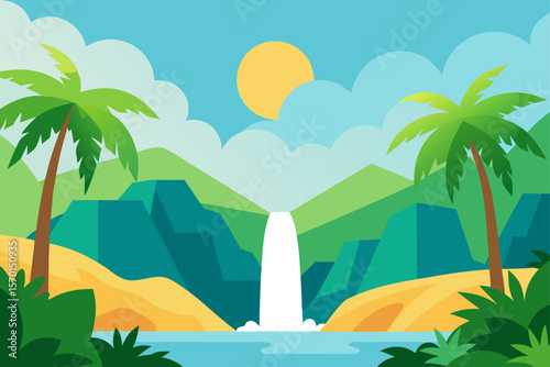 Lush Tropical Paradise Waterfall Palm Trees and Ocean