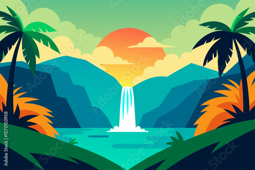 Lush Tropical Paradise Waterfall Palm Trees and Ocean