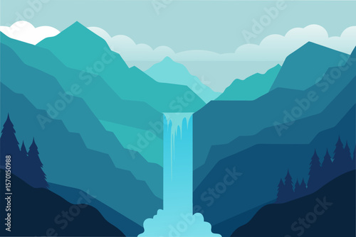 Majestic Waterfall in a Misty Mountain Valley