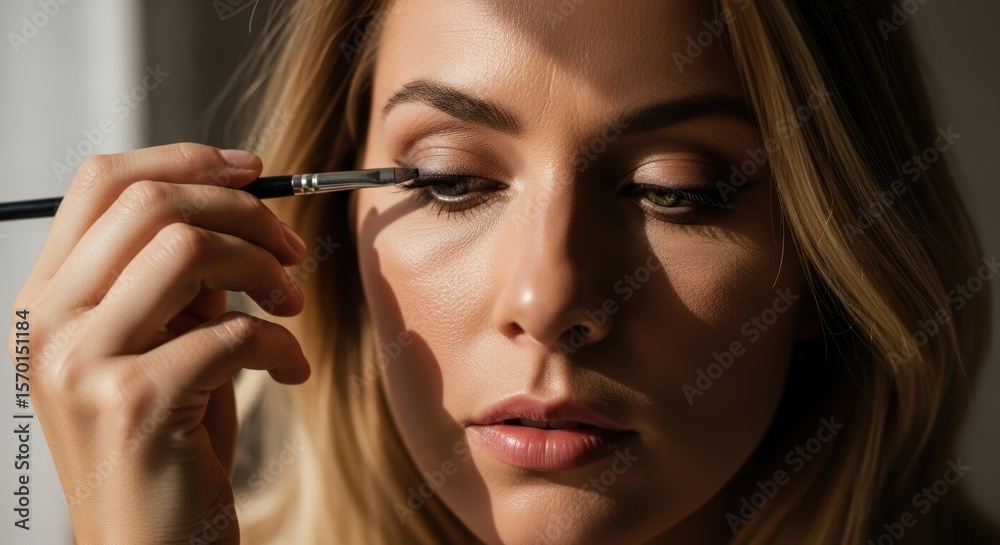 Young caucasian female applying makeup with eye shadow brush in natural light Young caucasian female applying makeup with eye shadow brush in natural light