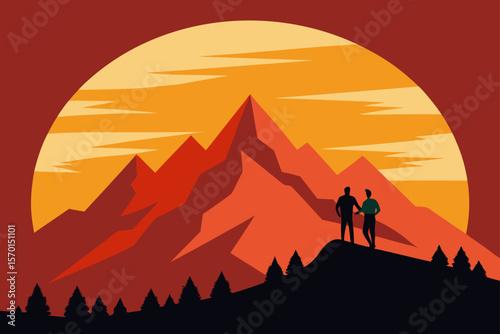 Mountain Scenery on Sunset with Men Pro Vector