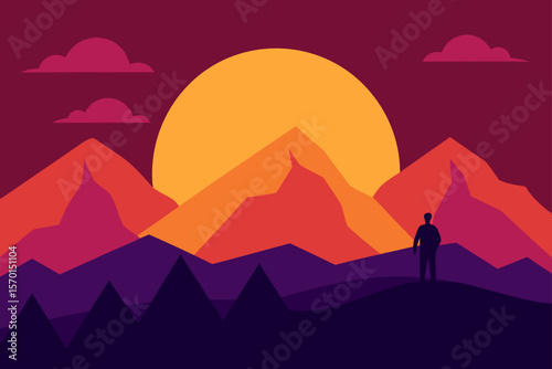 Mountain Scenery on Sunset with Men Pro Vector