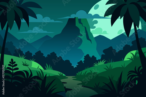 Mysterious Night in the Lush Tropical Rainforest Dreamscape