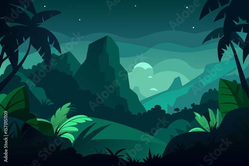 Mysterious Night in the Lush Tropical Rainforest Dreamscape