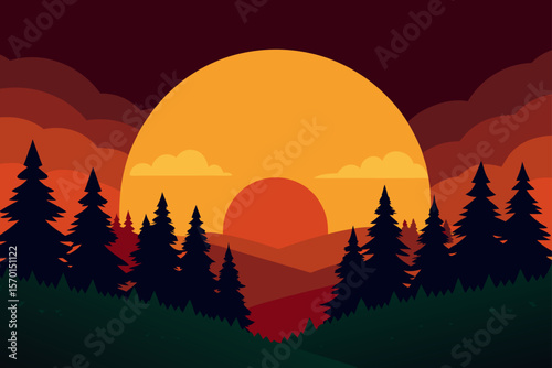 Nature Background of Sunset through Forest in Northern Style