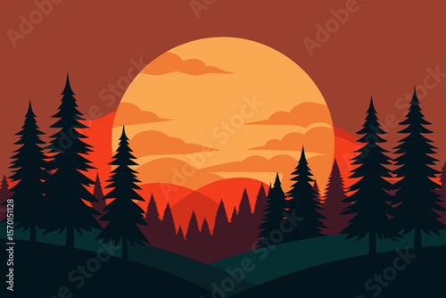 Nature Background of Sunset through Forest in Northern Style