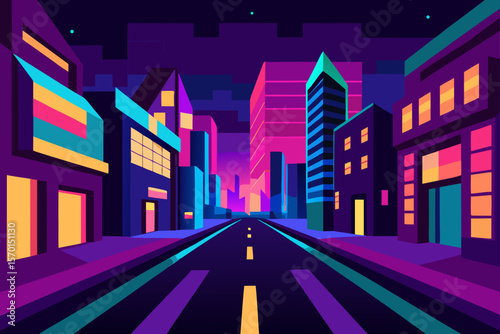 Neon Nightscape a Vibrant City Street at Night