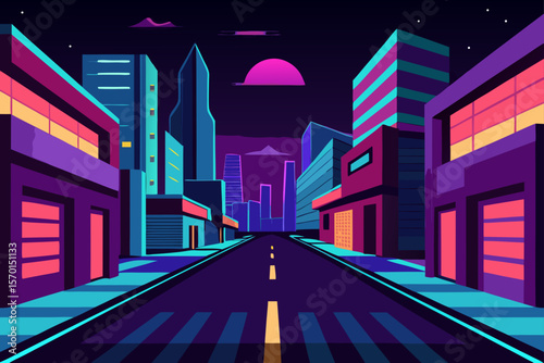 Neon Nightscape a Vibrant City Street at Night