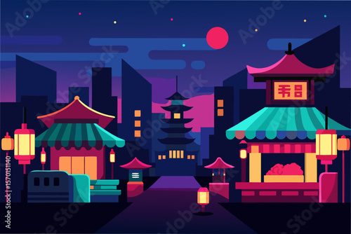 Night Market in an Asian City With Neon Signs and Lights