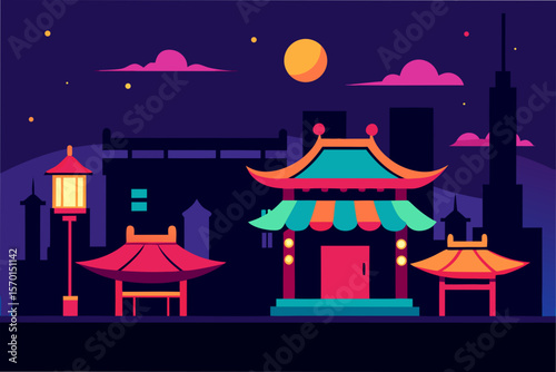 Night Market in an Asian City With Neon Signs and Lights