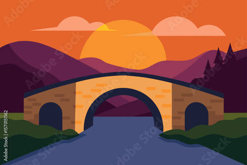 Old Stone Bridge Over a Quiet River at Sunset