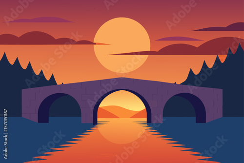 Old Stone Bridge Over a Quiet River at Sunset