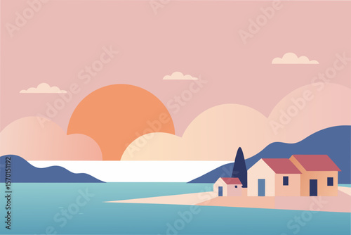 Pastel Sunrise over a Peaceful Seaside Village