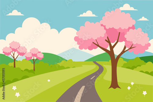 Peaceful Countryside Road With Blossoming Trees