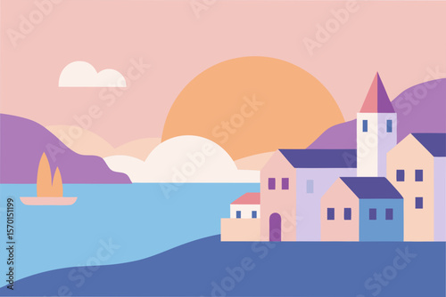 Pastel Sunrise over a Peaceful Seaside Village