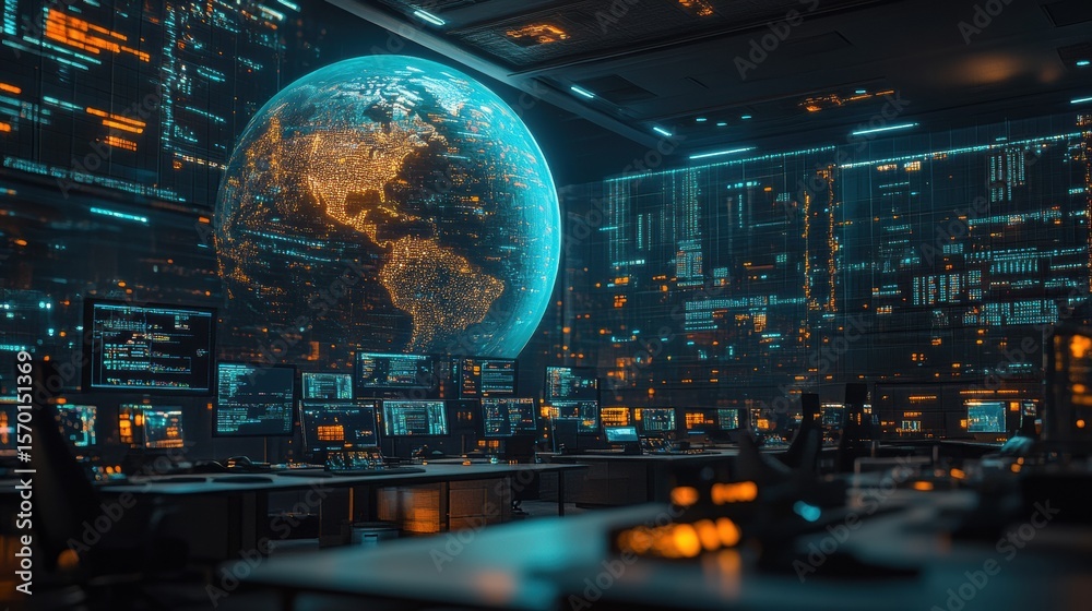 Obraz premium 3D globe map of city cyber threats in control command center