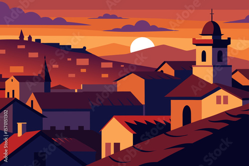 Rooftop View over an Old European Town at Sunset