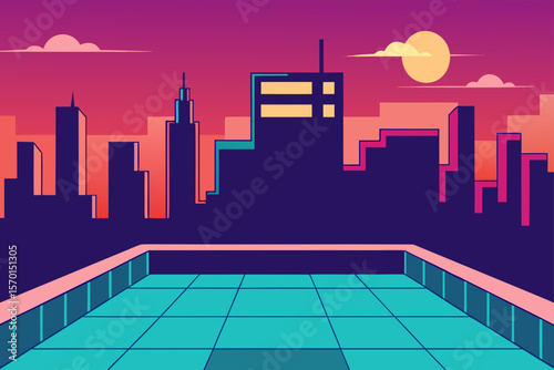 Rooftop Terrace with City Skyline Background Anime Style