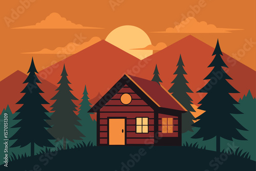 Rustic Cabin on Forest Sunset Background Rustic Theme