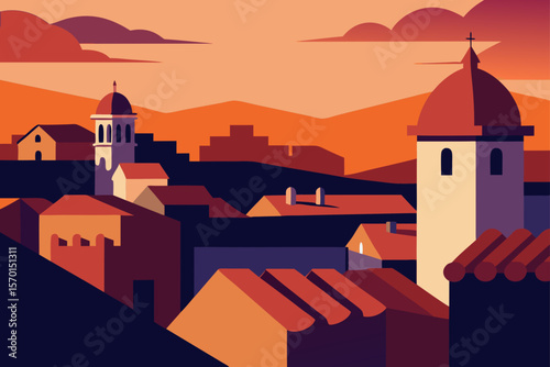 Rooftop View over an Old European Town at Sunset