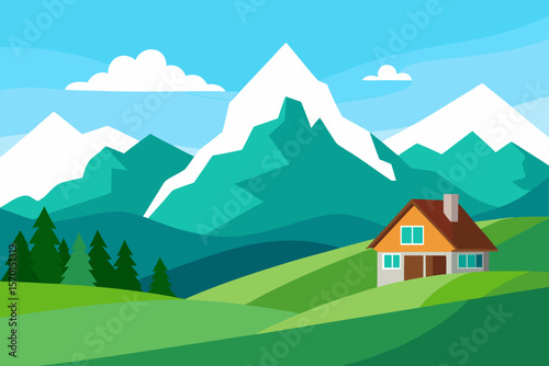 Scenic Alpine Landscape with Green Meadows a Charming Cottage
