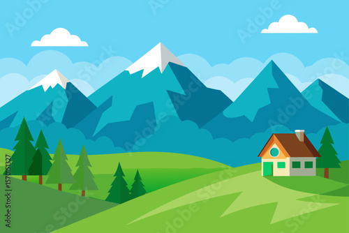Scenic Alpine Landscape with Green Meadows a Charming Cottage