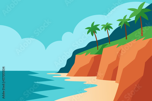Serene Coastal Cliffs Tropical Beach Paradise Illustration