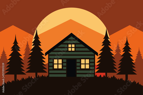 Rustic Cabin on Forest Sunset Background Rustic Theme