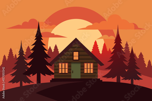 Rustic Cabin on Forest Sunset Background Rustic Theme