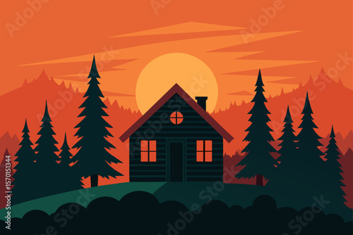 Rustic Cabin on Forest Sunset Background Rustic Theme