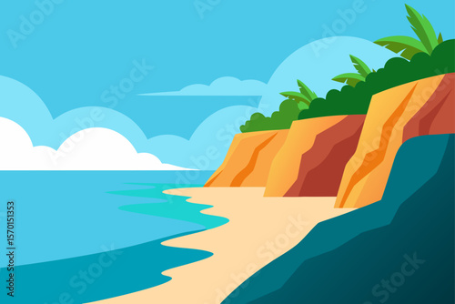 Serene Coastal Cliffs Tropical Beach Paradise Illustration