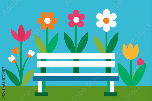 Serene Garden Bench Surrounded by Spring Flowers
