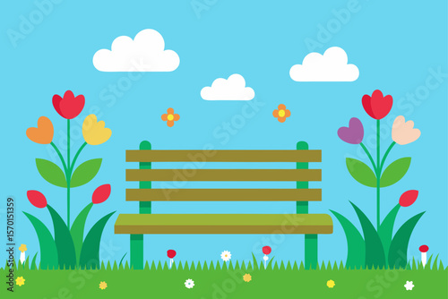 Serene Garden Bench Surrounded by Spring Flowers