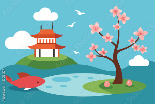 Serene Japanese Garden with a Koi Pond and Cherry Blossoms